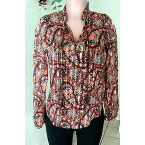 Lucky Brand Peasant Blouse Floral Print Tie Neck